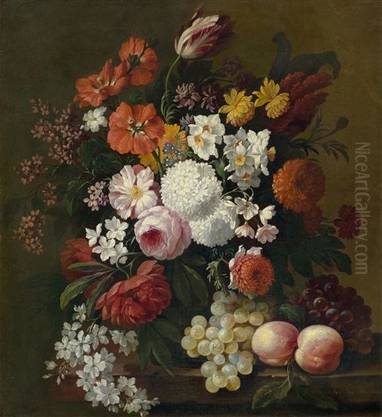 Still Life Of Flowers With Roses, Peonies, Hollyhock, Tulips, Grapes And Peaches Oil Painting by Philips van Kouwenberg