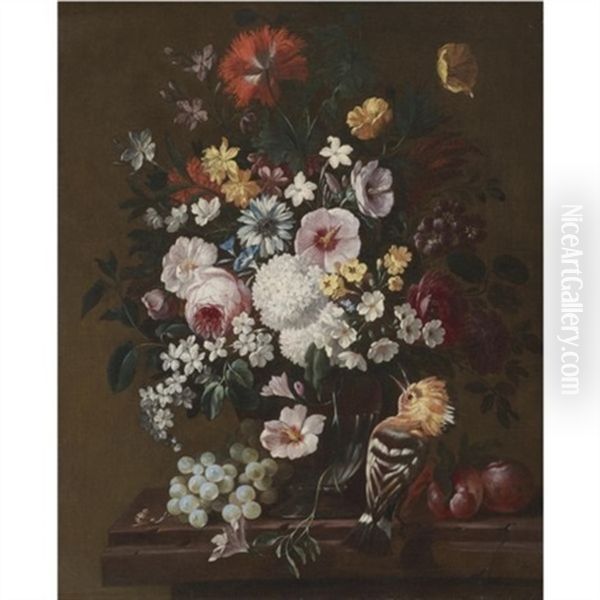 A Still Life With Flowers In A Glass Vase With A Hoopoe, Plums And A Bunch Of Grapes Oil Painting by Philips van Kouwenberg