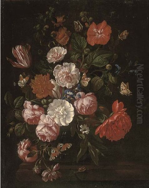 Roses, Carnations, Morning Glory And A Tulip In A Glass Vase On A Wooden Ledge With Butterflies And A Snail Oil Painting by Philips van Kouwenberg