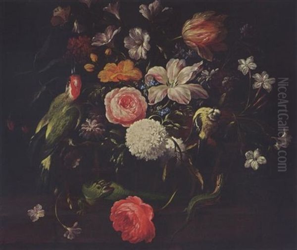 A Still Life With A Rose, And Other Flowers, With A Butterfly, A Woodpecker, A Green Tit And Two Green Lizards Oil Painting by Philips van Kouwenberg