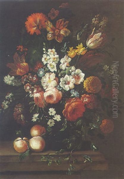 A Still Of Roses, Hollycocks, Daffodils And Other Flowers In A Glass Vase, With Three Peaches, All On A Stone Ledge Oil Painting by Philips van Kouwenberg