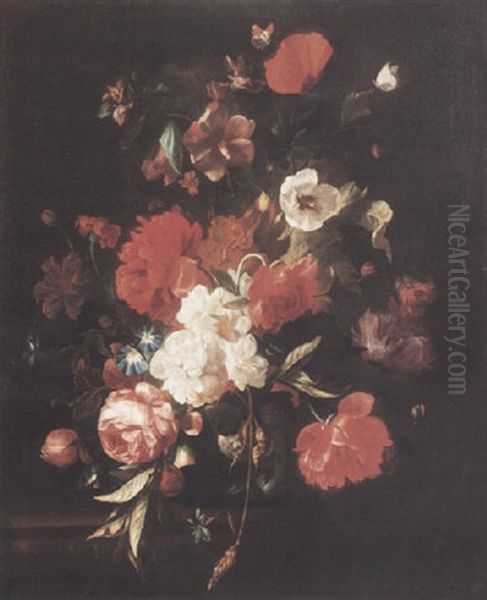 Still Life Of Roses, Peonies, A Poppy And Other Flowers In A Glass Vase Oil Painting by Philips van Kouwenberg