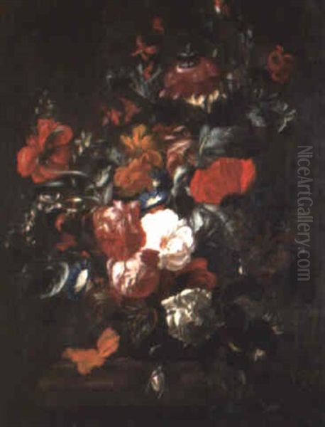 Roses, Poppies And Other Flowers In A Vase On A Ledge Oil Painting by Philips van Kouwenberg