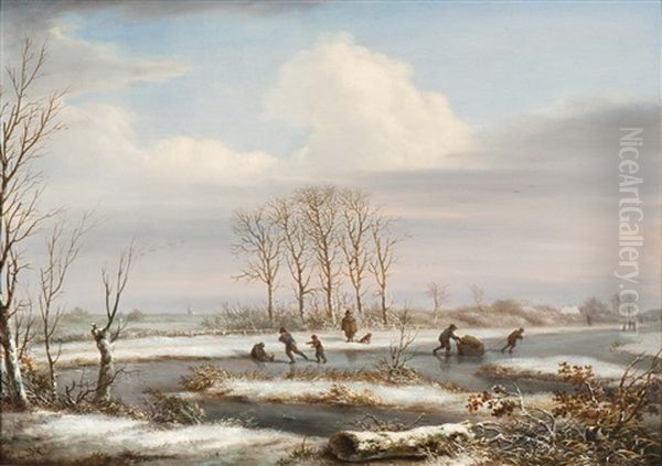 Field And View Of A Mill Near Rotterdam In Summer (+ Field And Tower View Near Rotterdam In Winter; 2 Works) Oil Painting by Jacob van Kouwenhoven