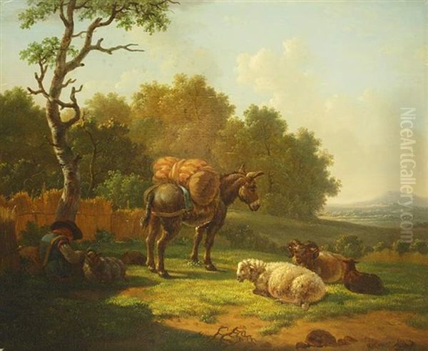 Schlafender Hirte Mit Weidevieh Und Esel In Berglandschaft Oil Painting by Jacob van Kouwenhoven