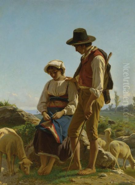 Tending Their Flock Oil Painting by Luigi Bechi