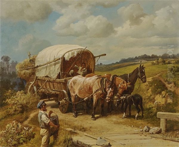 Horse And Cart At The Roadside Oil Painting by Pavel Osipovich Kovalevsky