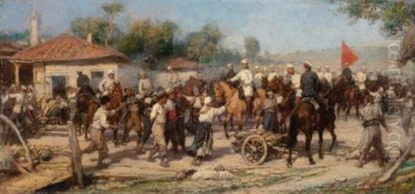 An Episode From The 1877-78 War: Russian Troops Liberate A Balkan Village From The Turks Oil Painting by Pavel Osipovich Kovalevsky