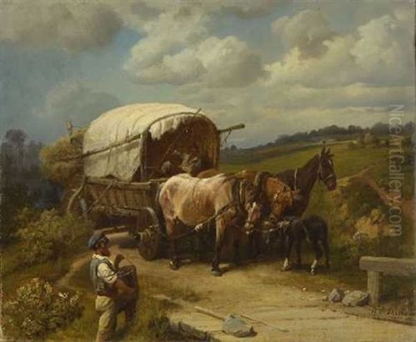 Pferdegespann Am Wegesrand Oil Painting by Pavel Osipovich Kovalevsky