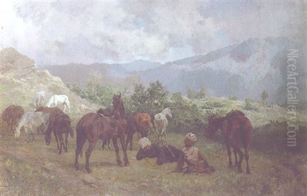 Cossacks At Rest In A Mountainous Landscape by Pavel Osipovich Kovalevsky