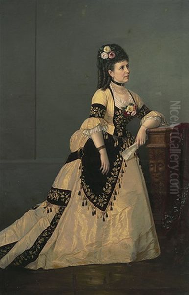 Portrait Einer Vornehmen Dame Im Reich Bestickten Gewand Mit Sechsreihiger Perlenkette, Samtband Mit Rubin-parure Und Passendem Ohrgehange Oil Painting by Andreas Koevari