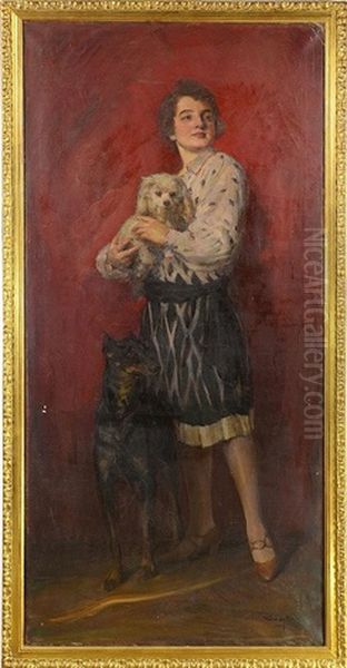 Portrait Of A Young Lady With Two Dogs Oil Painting by Geza Kovesdy