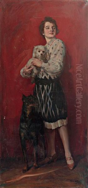 Portrait Einer Jungen Frau Mit Zwei Hunden Oil Painting by Geza Kovesdy