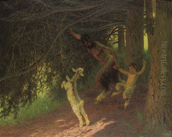 Fauns Gamboling In The Forest Oil Painting by Leopold Franz Kowalski