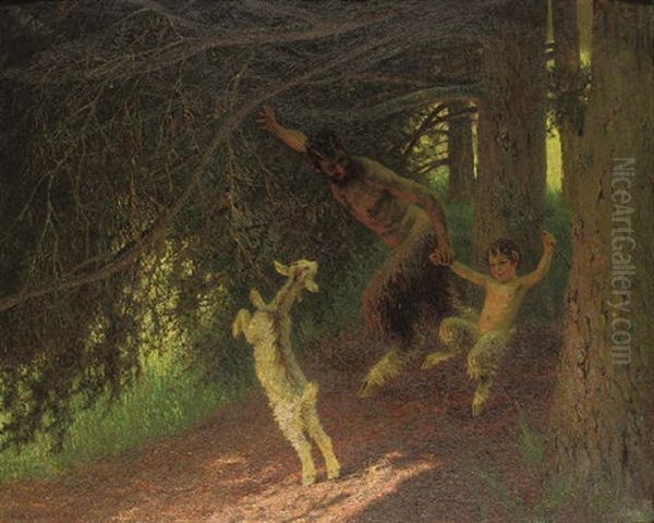 Fauns Gamboling In The Forest Oil Painting by Leopold Franz Kowalski