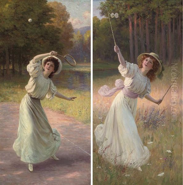 A Game Of Tennis (+ A Game Of Diablo; Pair) Oil Painting by Leopold Franz Kowalski