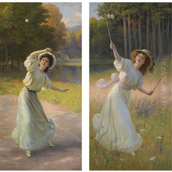 Ladies At Play (pair) Oil Painting by Leopold Franz Kowalski