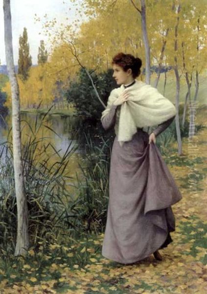 Elegante Au Bord De L'etang, En Automne Oil Painting by Leopold Franz Kowalski