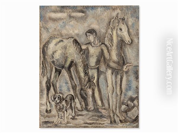 Man With Horses Oil Painting by Sei Koyanagui