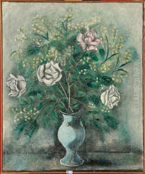 Vase De Roses Et De Mimosas Oil Painting by Sei Koyanagui