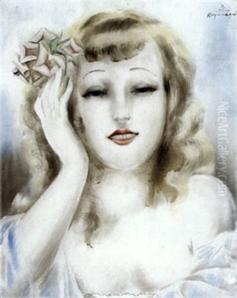 Portrait De Femme Une Rose Dans Les Cheveux Oil Painting by Sei Koyanagui