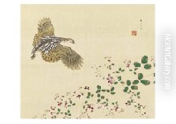 Japanese Quail Oil Painting by Iskizaki Koyo