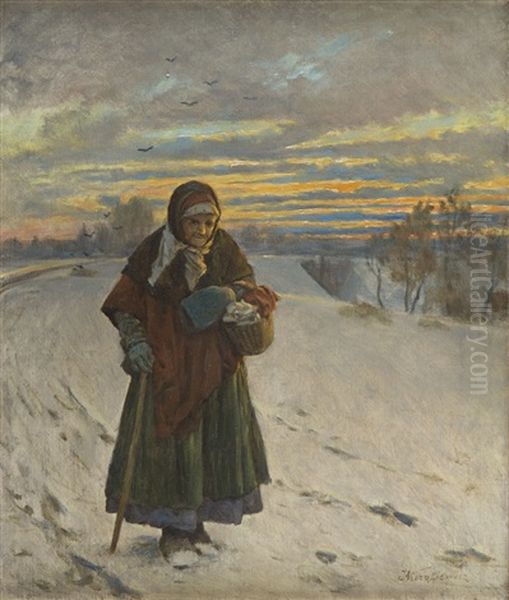 Old Woman In A Winter Landscape Oil Painting by Anton Kozakiewicz