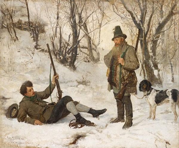 Hunters In Winter Oil Painting by Anton Kozakiewicz