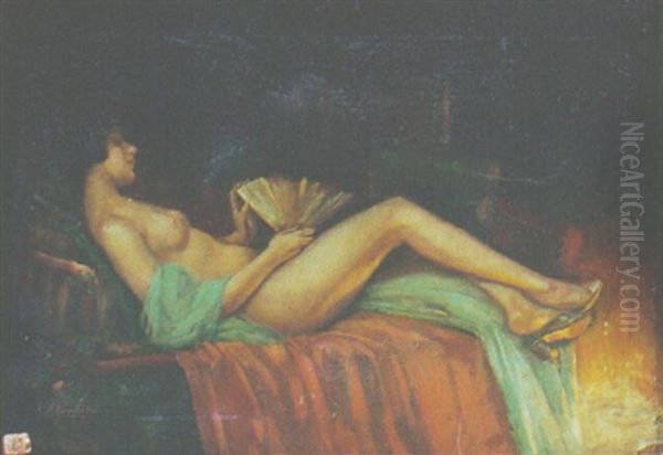 Reclining Female Nude With Fan By The Fire Oil Painting by Anton Kozakiewicz