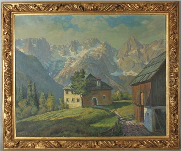 Bauernhof Im Hintergrund Die Julischen Alpen Oil Painting by Anton Kozelj