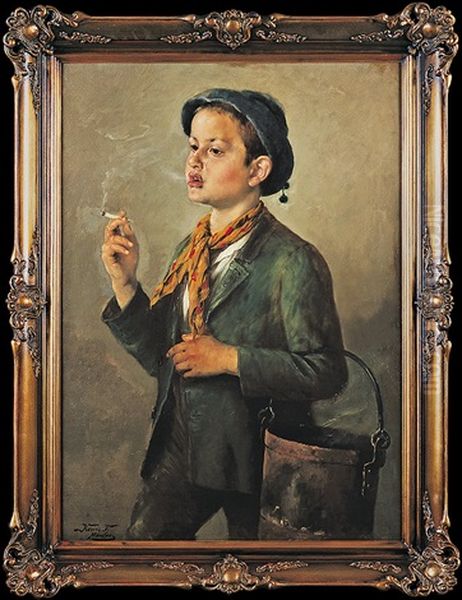 Smoking Boy Oil Painting by Ferenc (Franz) Kozics