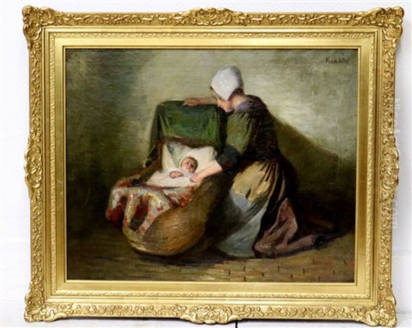 Moeder Met Kind In Wieg Oil Painting by Hendrik Maarten Krabbe