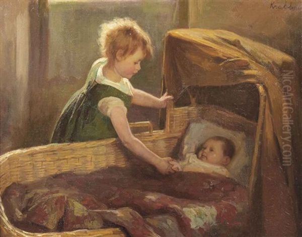 At The Cradle Oil Painting by Hendrik Maarten Krabbe