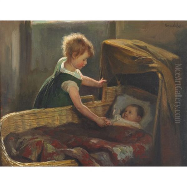 Aan De Wiegl (at The Cradle) Oil Painting by Hendrik Maarten Krabbe