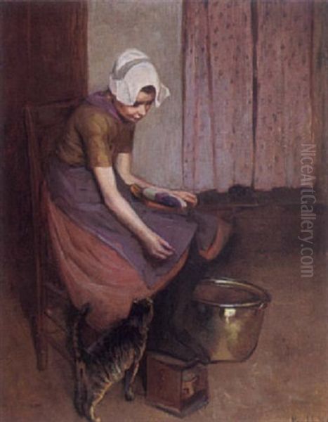 A Peasant Girl Playing With Her Cat Oil Painting by Hendrik Maarten Krabbe