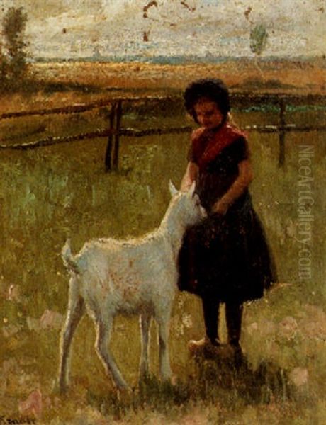 Girl Feeding A Goat Oil Painting by Hendrik Maarten Krabbe