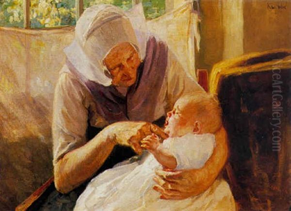 Shushing The Baby Oil Painting by Hendrik Maarten Krabbe