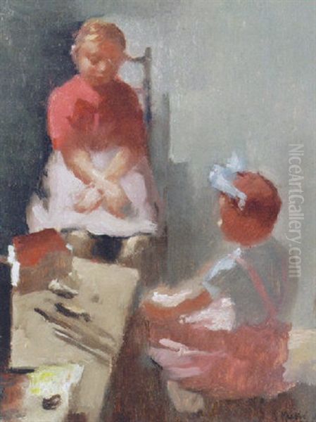 Two Girls Admiring Their Dollhouse Oil Painting by Hendrik Maarten Krabbe