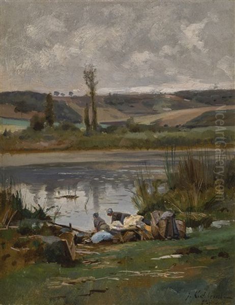 By The Pond (france) Oil Painting by Iosif Evstafevich Krachkovsky