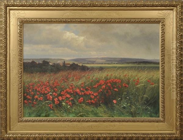 Cadenabbia Am Comer See Gewittrige Stimmung Uber Landschaft Mit Bluhendem Mohnfeld, Im Hintergrund Eine Ortschaft Oil Painting by Iosif Evstafevich Krachkovsky