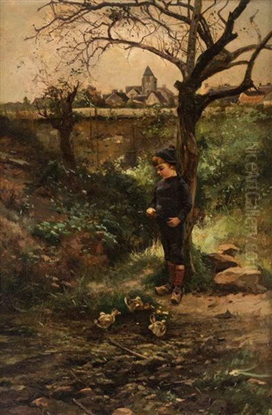 Boy Feeding The Ducklings Oil Painting by Iosif Evstafevich Krachkovsky