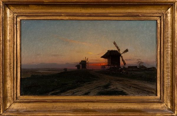 Sunset Over The Old Windmills Oil Painting by Iosif Evstafevich Krachkovsky