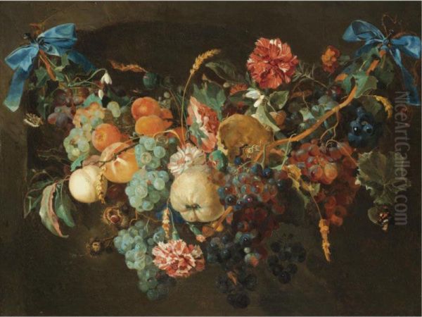 A Garland Of Flowers And Fruit Oil Painting by Maria Johanna W. Becht