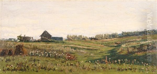 Summer Meadows By The Village Oil Painting by Iosif Evstafevich Krachkovsky