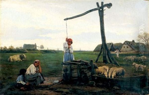 Les Moutons A L'abreuvoir Oil Painting by Iosif Evstafevich Krachkovsky