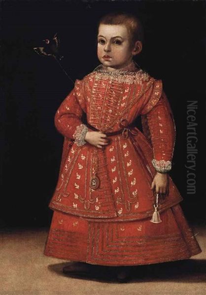 Portrait Of A Boy, Possibly Phillipe Emmanuel De Savoie (1568-1605), Full-length, In A Gold-embroidered Red Costume Holding A Goldfinch By A String Oil Painting by Jan Kraek