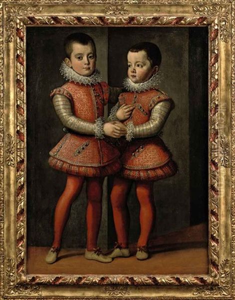 Portrait Of Vittorio Amedeo And Emanuele Filiberto, Dukes Of Savoy, In Red And Silver Costumes With Red Hoses, Lace Collars And Cuffs Oil Painting by Jan Kraek