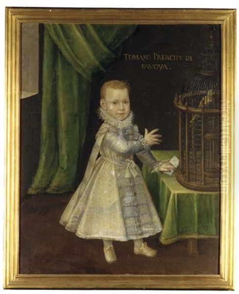 Portrait Of Tommaso Francesco, Prince Of Carignano, As A Child, Full-length, In A Silver Embroidered Coat And A Ruff, A Parrot In A Cage On A Table Beside Him, Before A Green Curtain Oil Painting by Jan Kraek