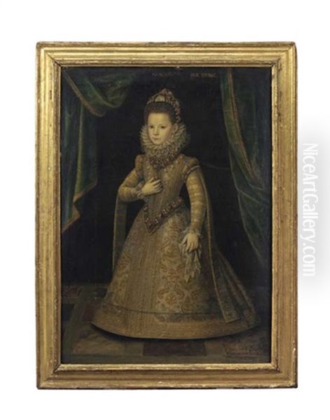 Portrait Of Maria Margherita Di Savoia, Duchess Of Mantua, Aged Six, Full-length, In An Elaborately Embroidered Dress Set With Pearls, Before A Raised Green Curtain Oil Painting by Jan Kraek