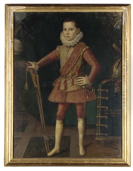 Portrait Of Vittorio Amedeo I, Duke Of Savoy, As A Child, In A Fawn Doublet Embroidered With Gold And Silver And Red Hose, An Arquebus In His Right Hand And His A Helmet On A Table Beside Him Oil Painting by Jan Kraek